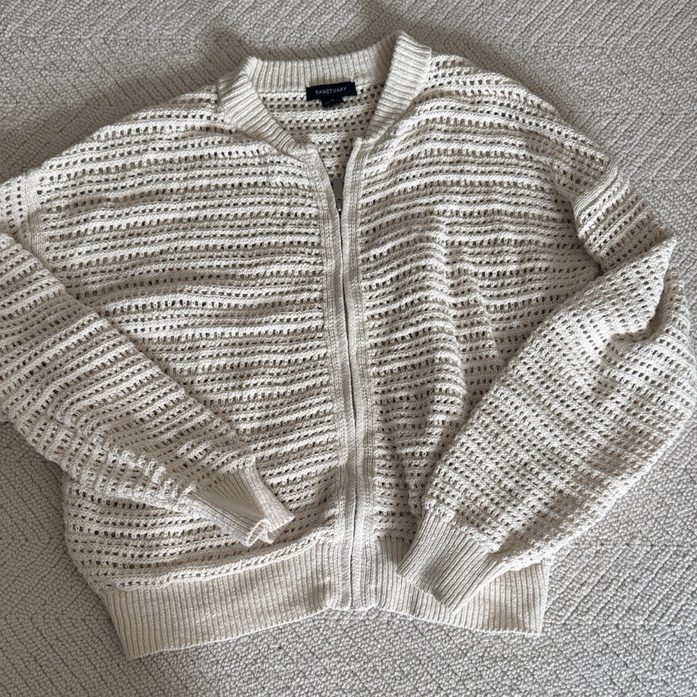 Sanctuary Cream Open-Weave Zip Cardigan
